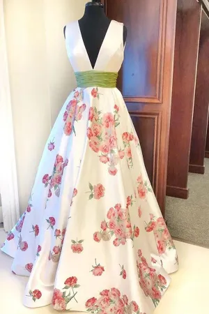 Straps Floral Print A-line V-neck Ivory Prom Dresses, Long Evening Dresses,MP484