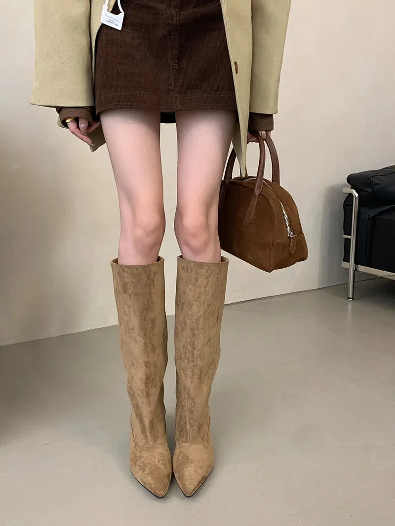 Street Style Pointed Toe Knee-High Boots Women Low Heels Shoes Female Long Booties Women Shoes