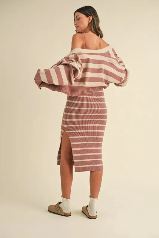Stripe Crop Cardigan and Sweater Dress Set