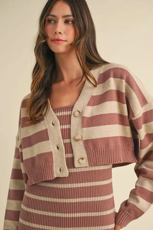 Stripe Crop Cardigan and Sweater Dress Set