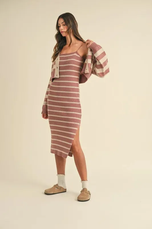 Stripe Crop Cardigan and Sweater Dress Set