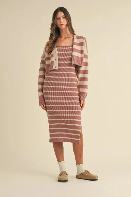 Stripe Crop Cardigan and Sweater Dress Set