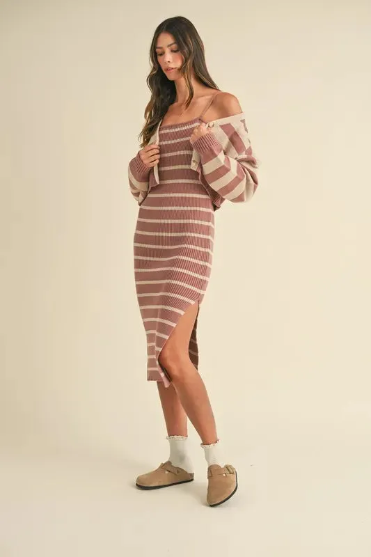 Stripe Crop Cardigan and Sweater Dress Set