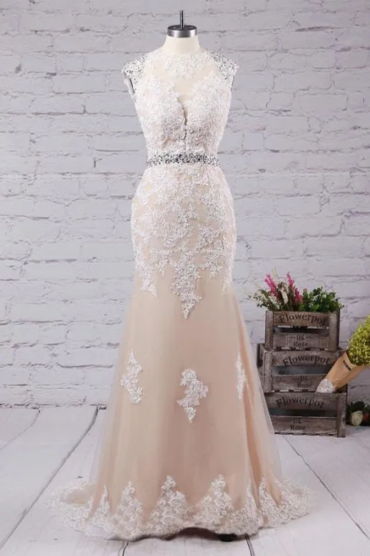 Sweep Train Open Back Tulle Prom with Appliques Mermaid Wedding Dress