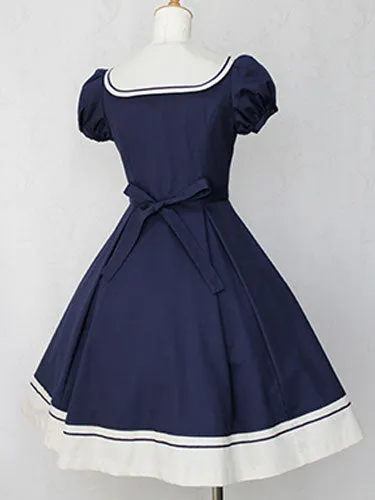 Sweet Lolita Dress Sailor OP Cotton Bow Buttons Dark Navy Lolita One Piece Dress