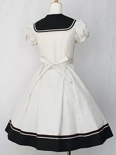 Sweet Lolita Dress Sailor OP Cotton Bow Buttons Dark Navy Lolita One Piece Dress