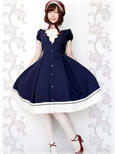 Sweet Lolita Dress Sailor OP Cotton Bow Buttons Dark Navy Lolita One Piece Dress