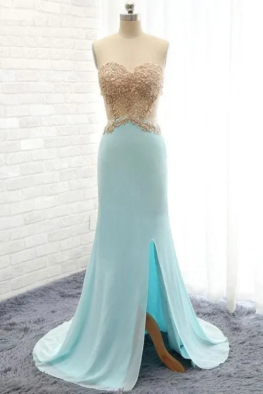 Sweetheabackless Light Blue Lace Prom Dress With Pearls
