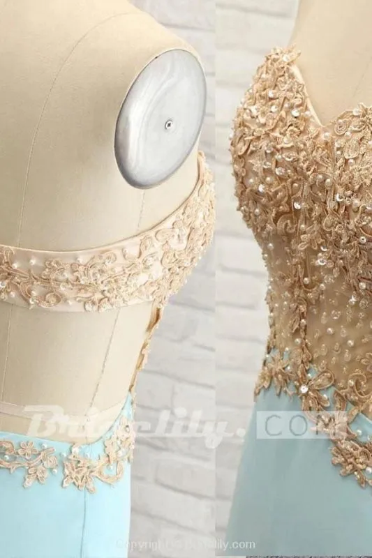 Sweetheabackless Light Blue Lace Prom Dress With Pearls