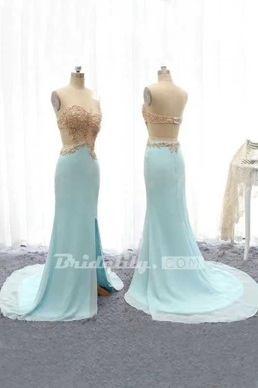 Sweetheabackless Light Blue Lace Prom Dress With Pearls