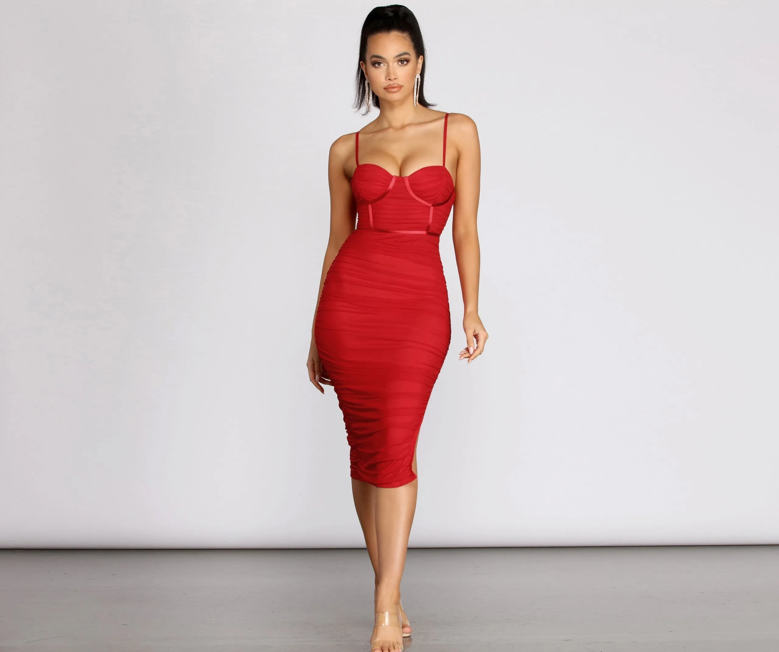 Sweetheart Bustier Stylish Ruched Midi Dress