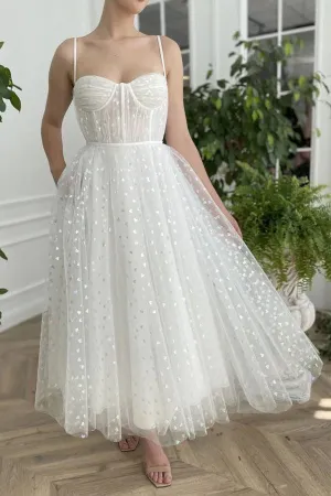 Sweetheart Neck Tulle Ivory Prom Dresses, Tea Length Evening Dresses TP1128