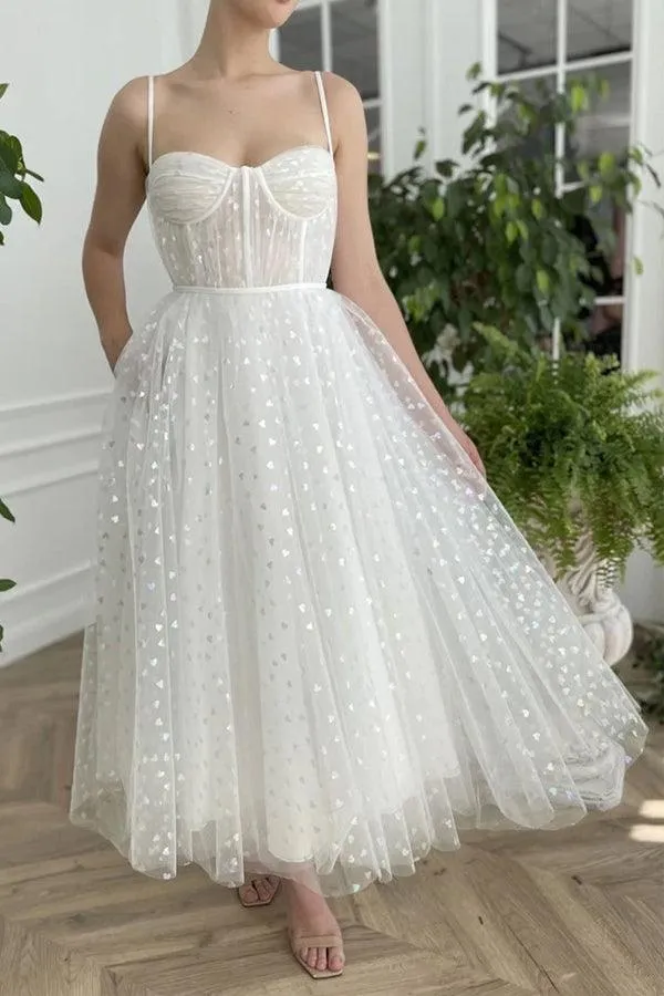 Sweetheart Neck Tulle Ivory Prom Dresses, Tea Length Evening Dresses TP1128