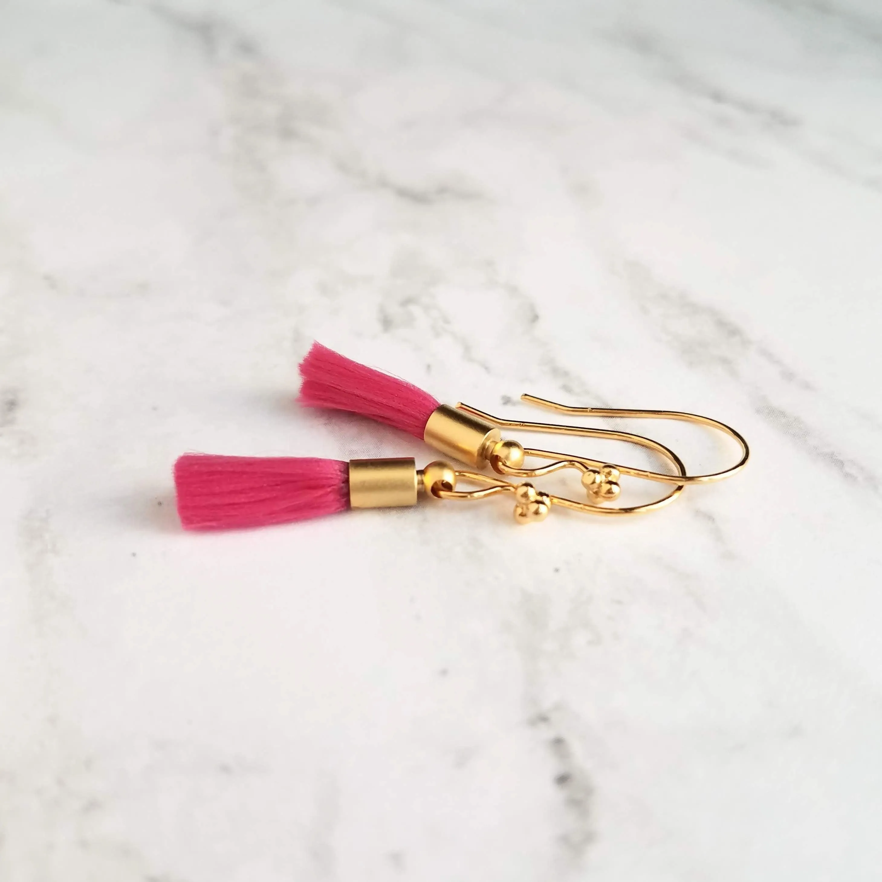 Tassel Earrings - gold cap fringe on fancy 4 ball hooks in teal, pale light blue, bright orange, hot/fuchsia pink, silky colorful jewelry