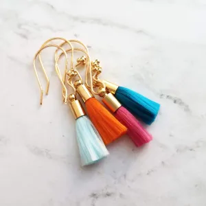 Tassel Earrings - gold cap fringe on fancy 4 ball hooks in teal, pale light blue, bright orange, hot/fuchsia pink, silky colorful jewelry