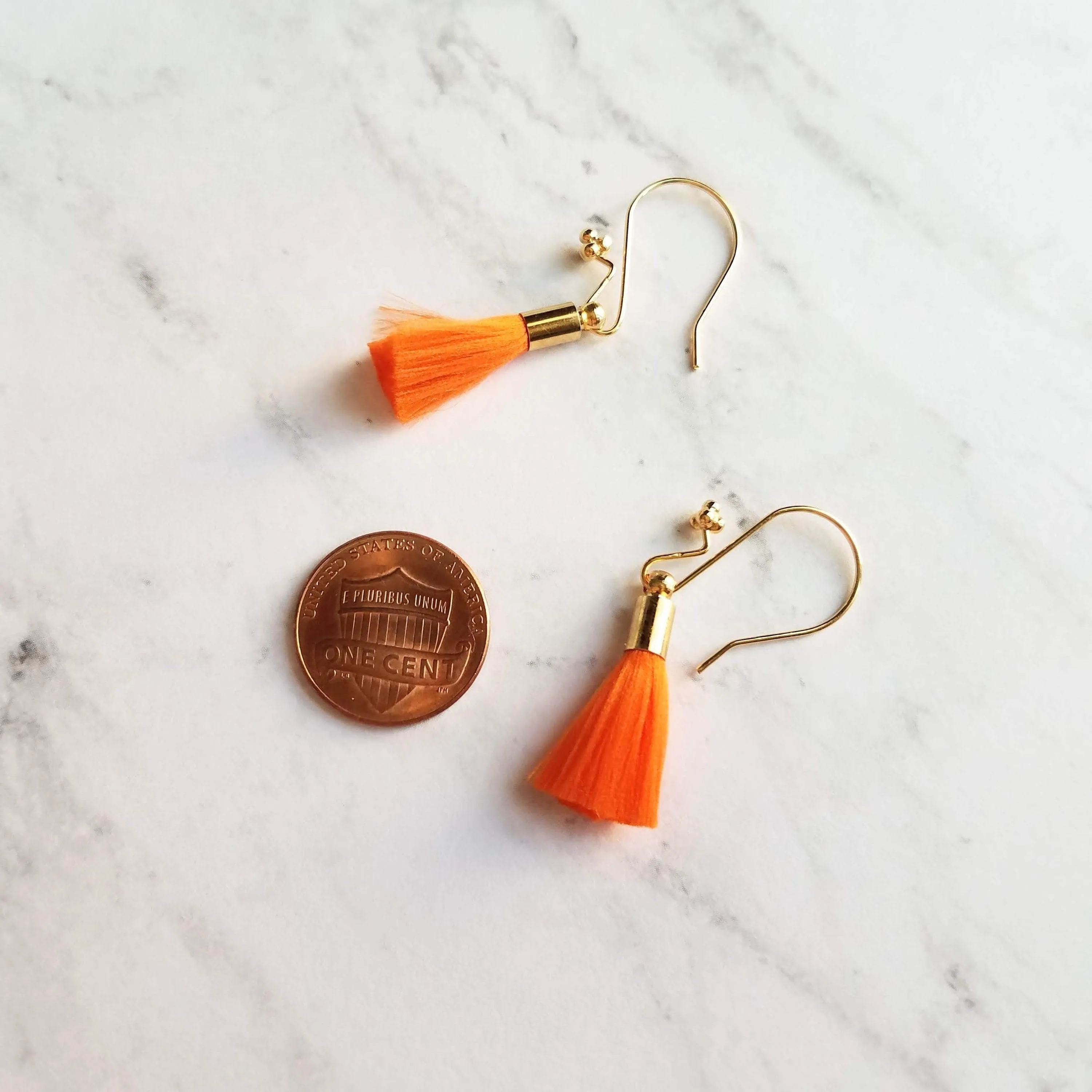 Tassel Earrings - gold cap fringe on fancy 4 ball hooks in teal, pale light blue, bright orange, hot/fuchsia pink, silky colorful jewelry
