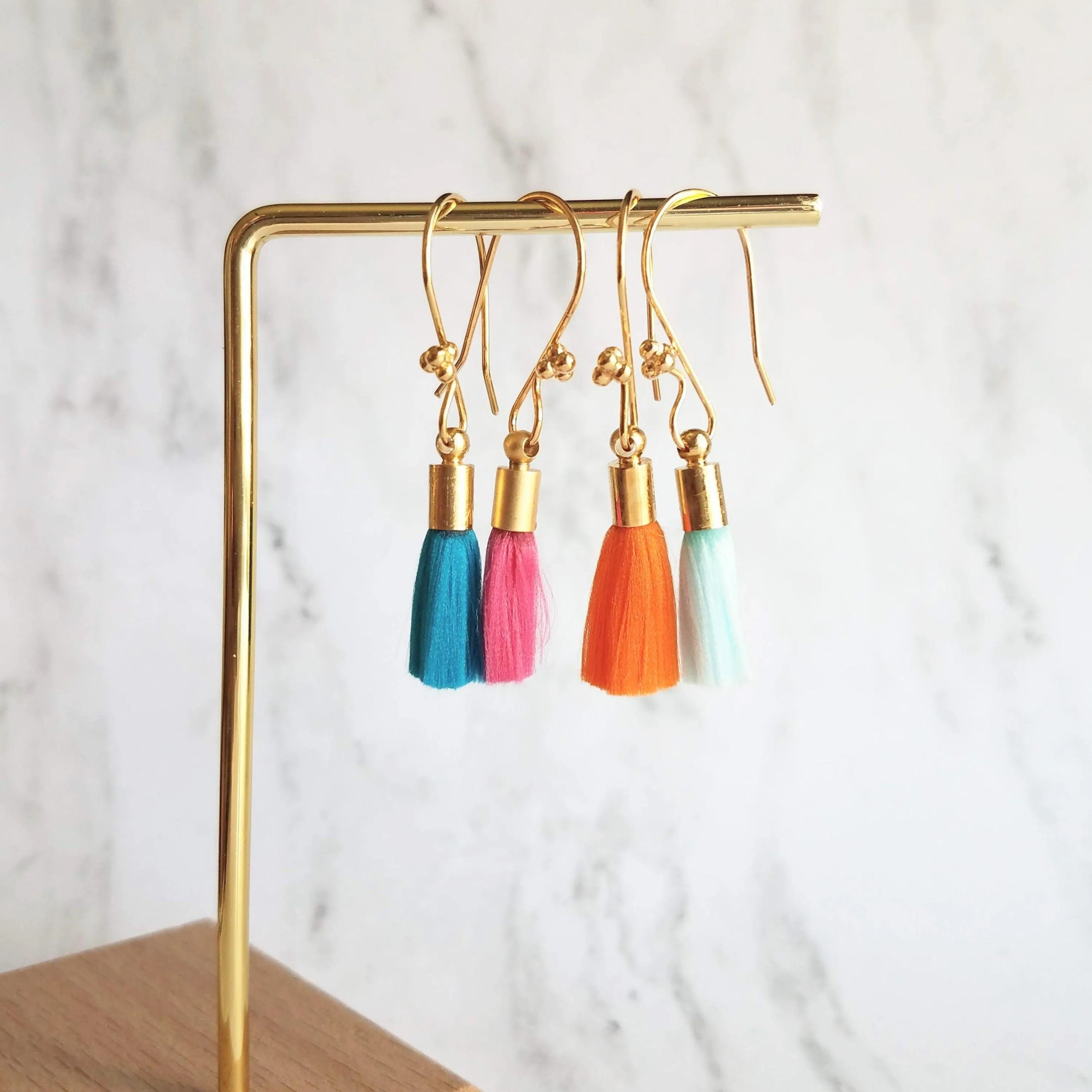 Tassel Earrings - gold cap fringe on fancy 4 ball hooks in teal, pale light blue, bright orange, hot/fuchsia pink, silky colorful jewelry