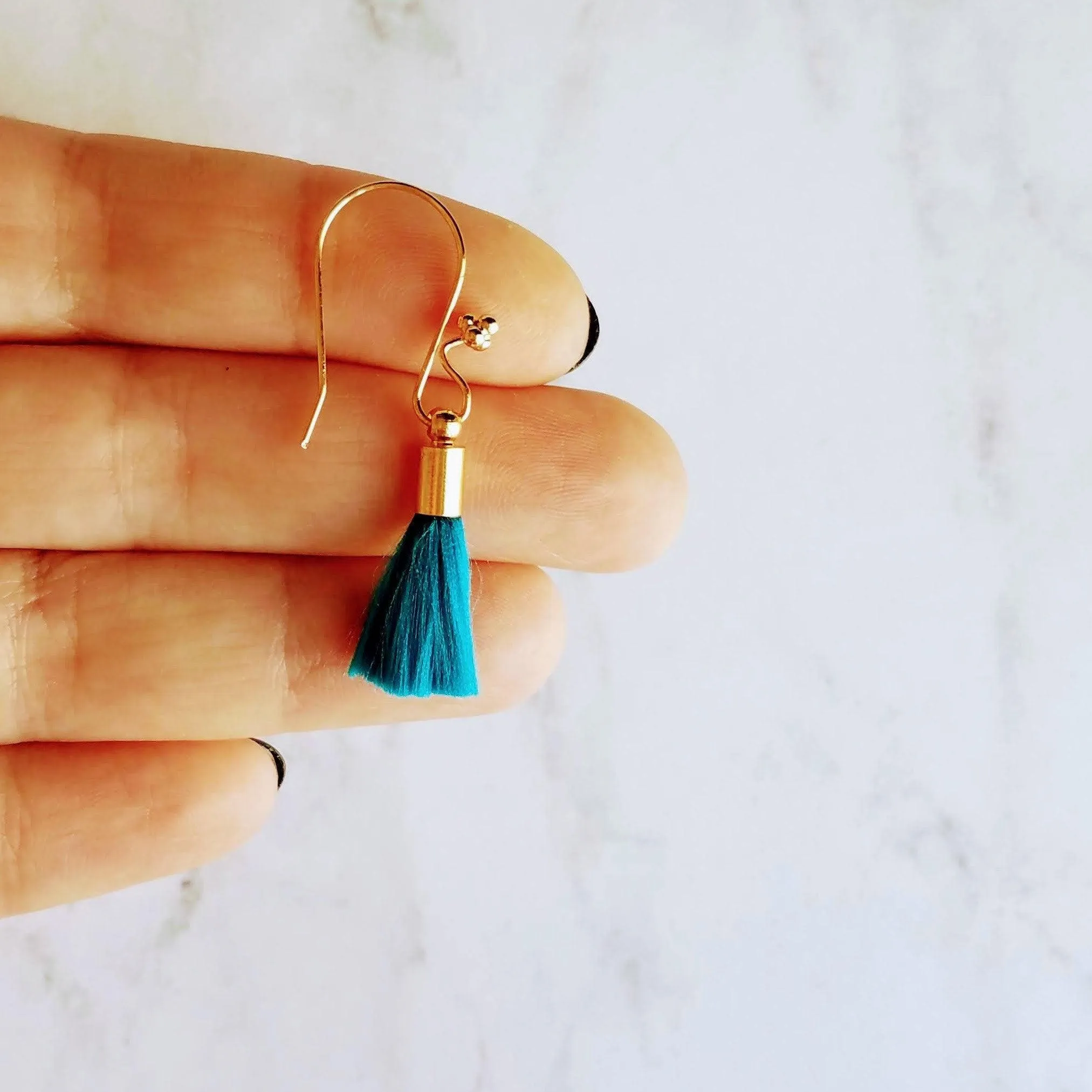 Tassel Earrings - gold cap fringe on fancy 4 ball hooks in teal, pale light blue, bright orange, hot/fuchsia pink, silky colorful jewelry