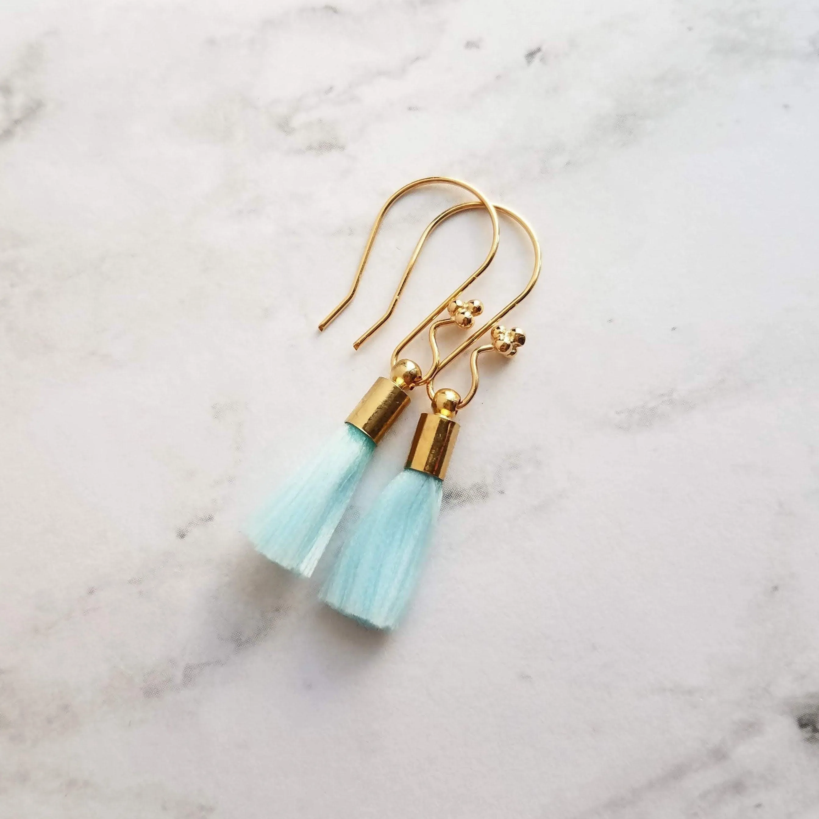 Tassel Earrings - gold cap fringe on fancy 4 ball hooks in teal, pale light blue, bright orange, hot/fuchsia pink, silky colorful jewelry