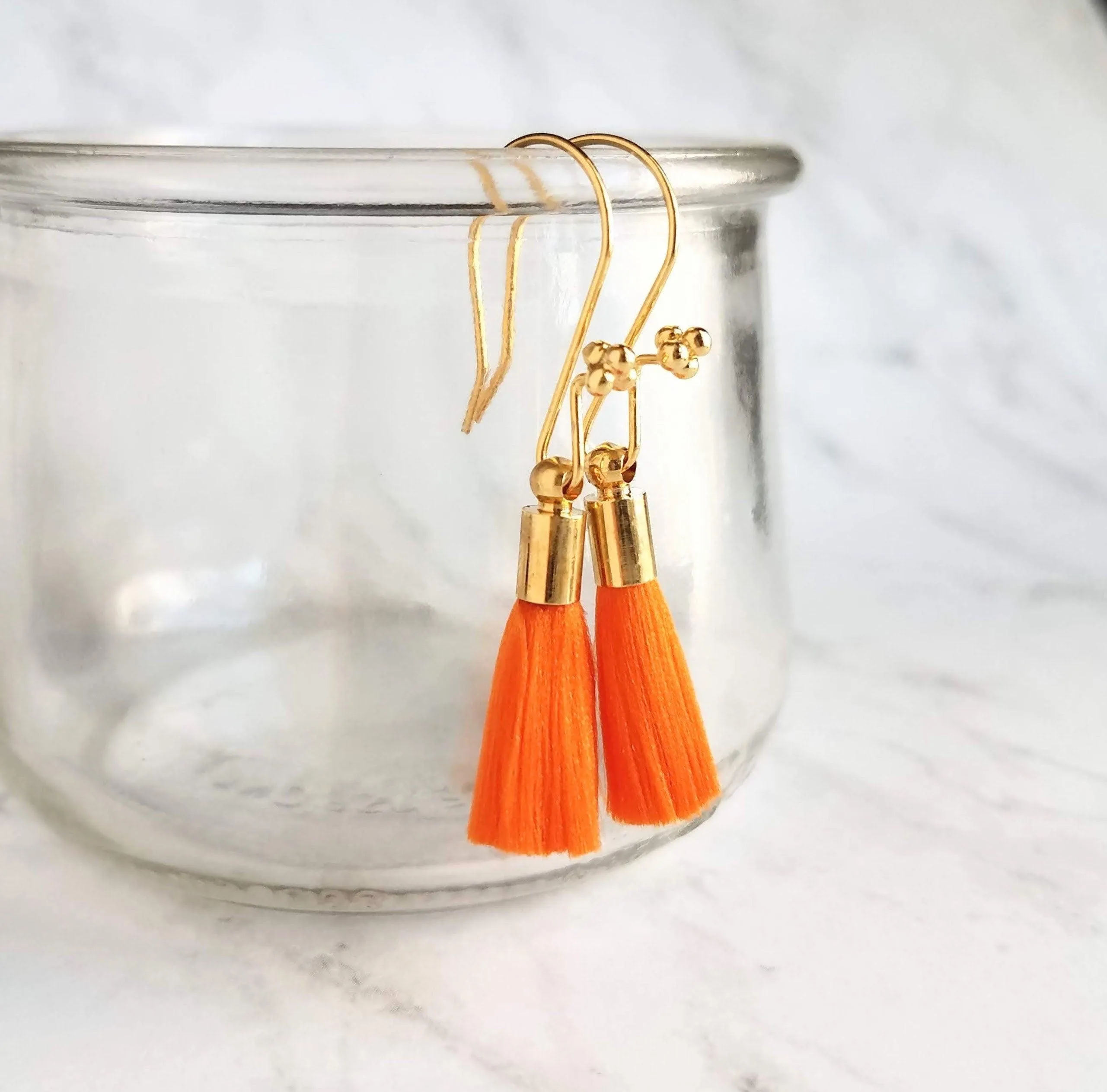 Tassel Earrings - gold cap fringe on fancy 4 ball hooks in teal, pale light blue, bright orange, hot/fuchsia pink, silky colorful jewelry