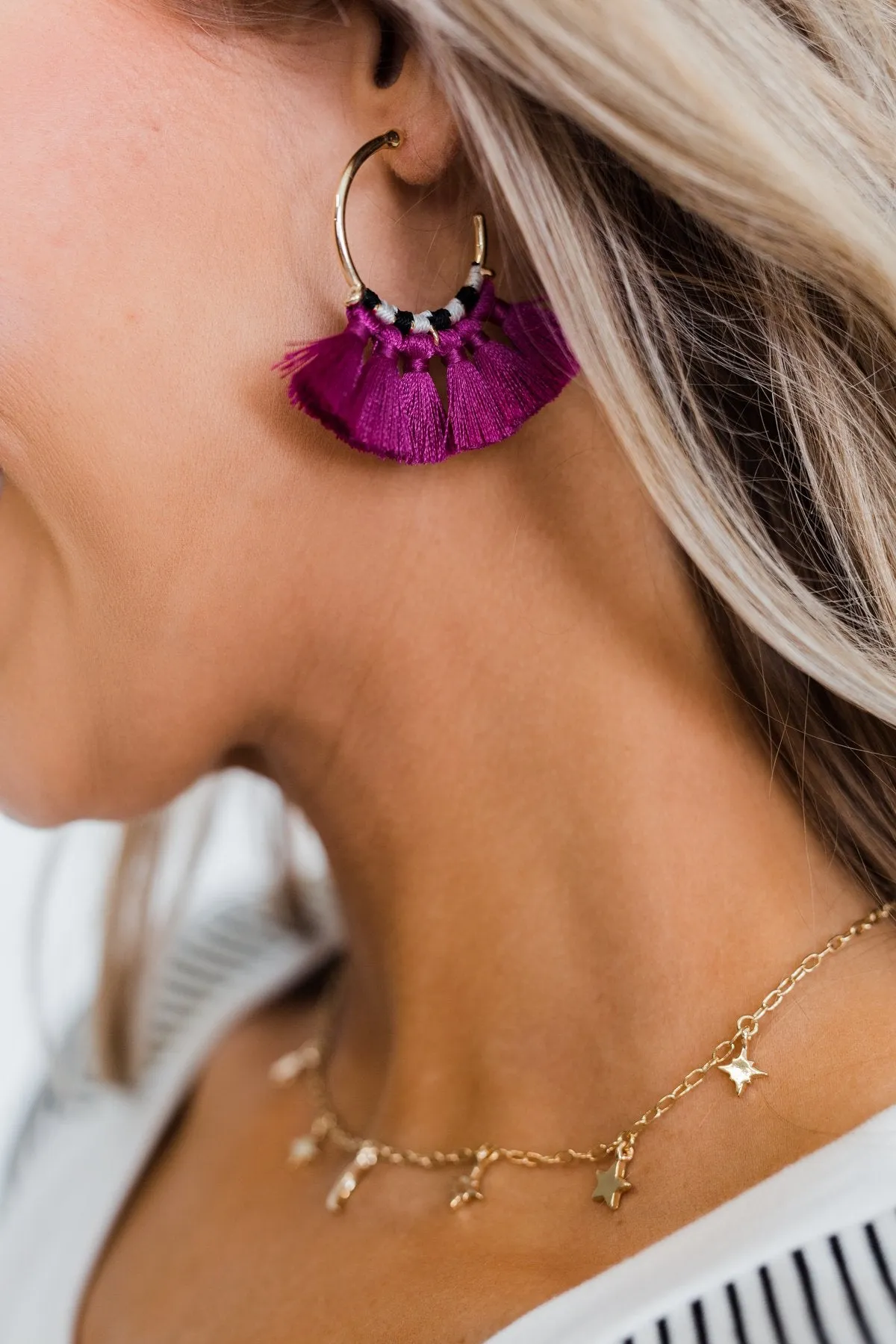 Tassel Half-Hoop Earrings- Magenta