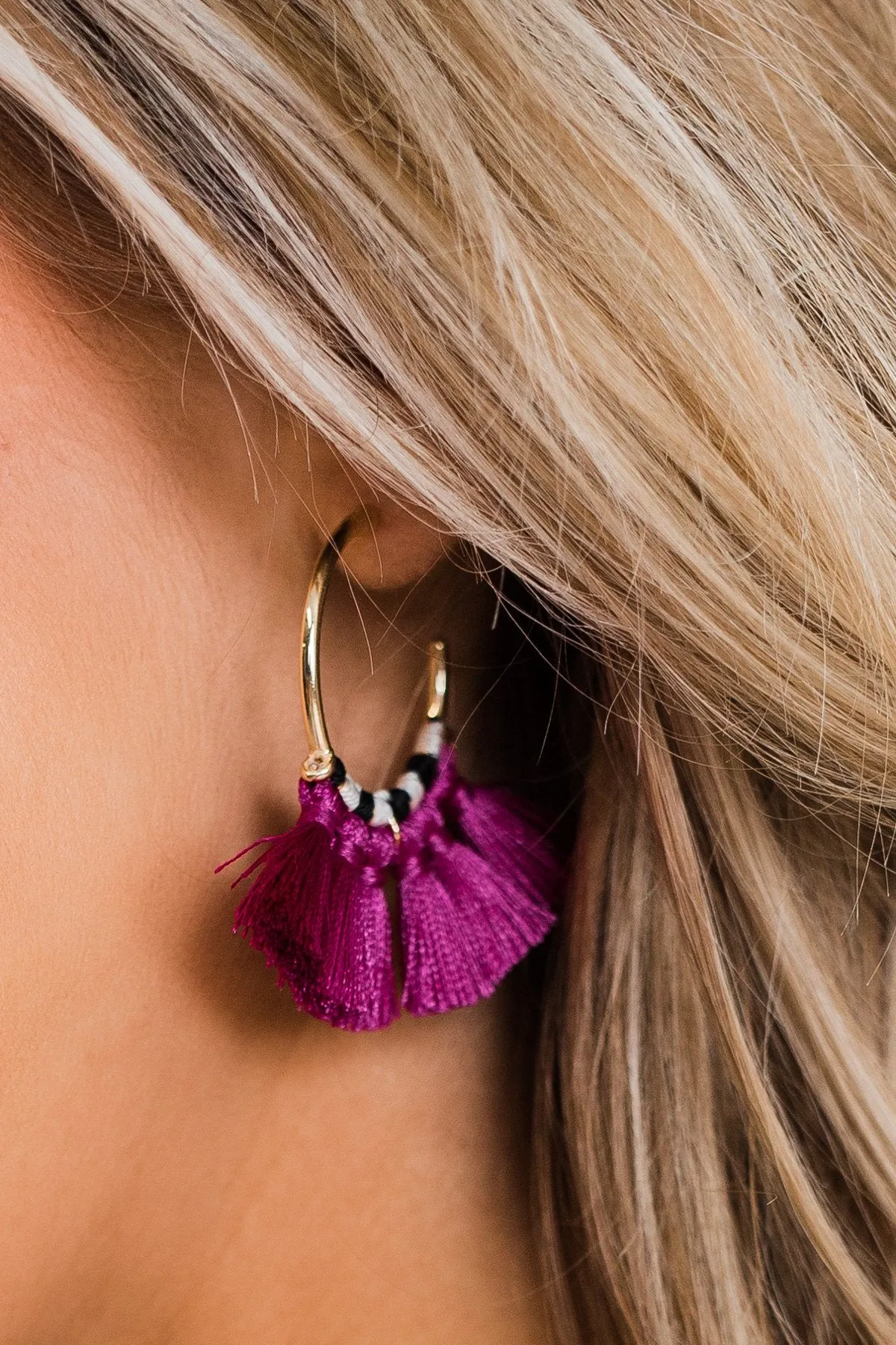 Tassel Half-Hoop Earrings- Magenta