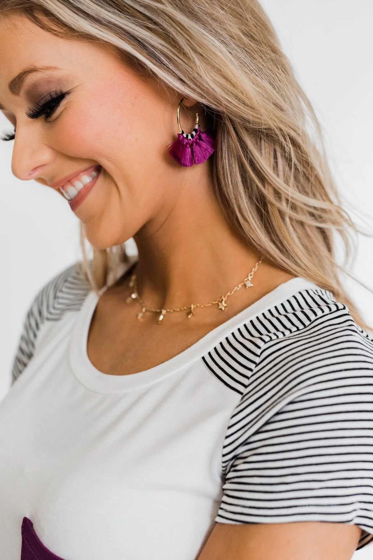 Tassel Half-Hoop Earrings- Magenta