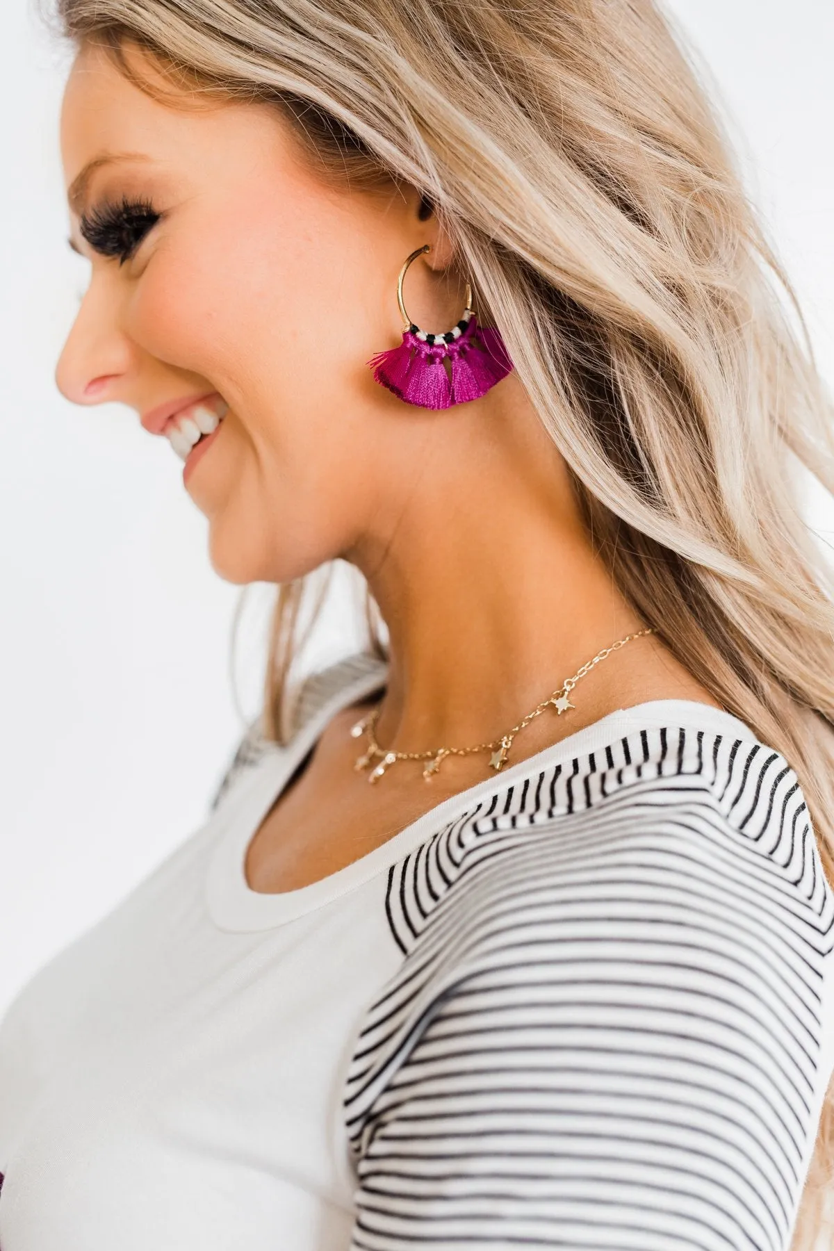 Tassel Half-Hoop Earrings- Magenta
