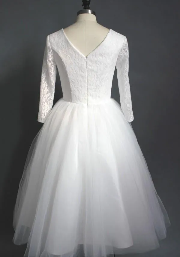 Tea Length High Quality A-line V Neck Lace Top Tulle Wedding Dress-715357