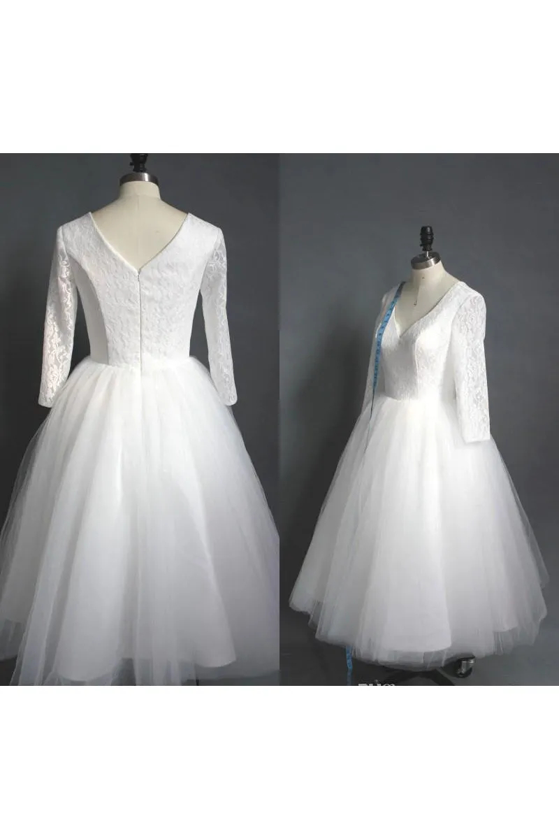 Tea Length High Quality A-line V Neck Lace Top Tulle Wedding Dress-715357