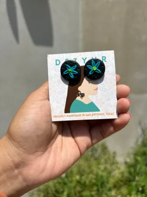 Teal flower circle studs