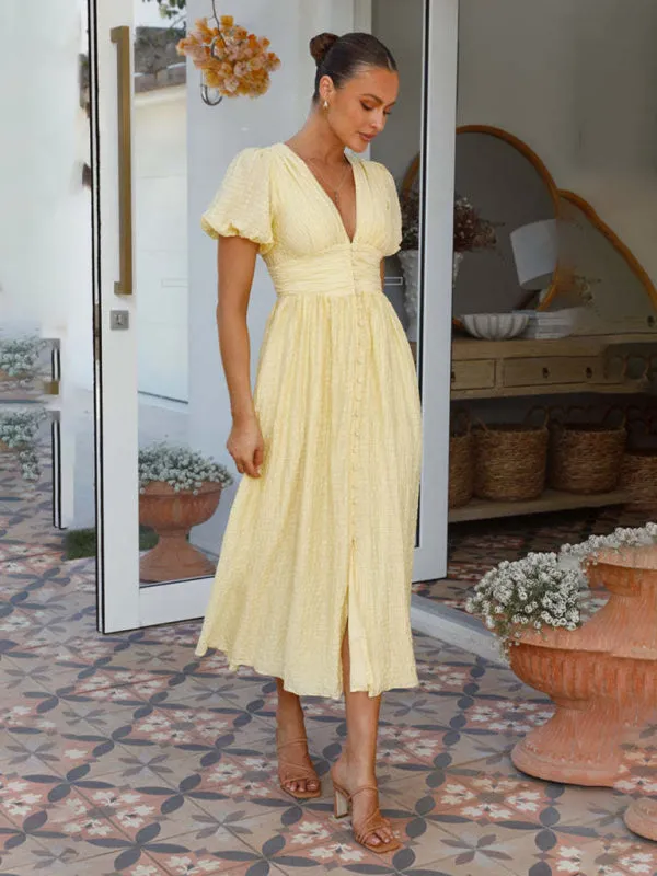 Textured Plunge Neck Midi Dress with Smocked Waist