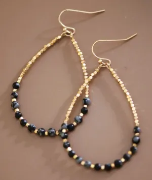 The Bailey Black Onyx Stone Beaded Teardrop Wire Earrings