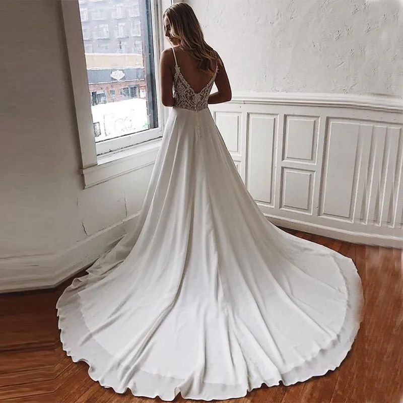 The Sales Rack-Simple Bride Dress Sexy Deep V-neck Backless