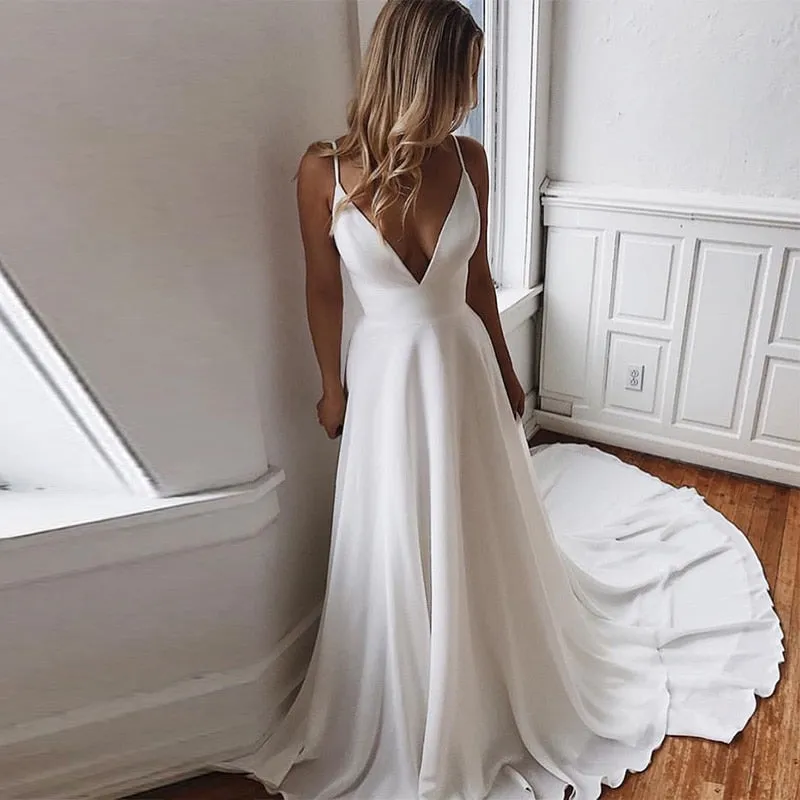 The Sales Rack-Simple Bride Dress Sexy Deep V-neck Backless