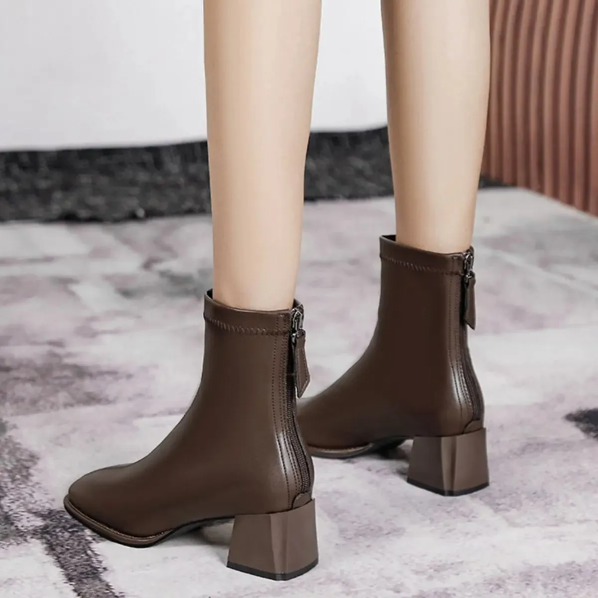 'Thea' Back Zip-Up Block Heel Boots