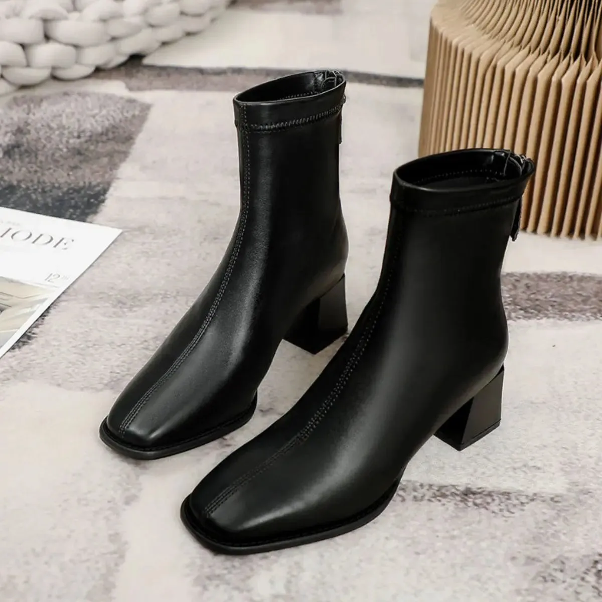 'Thea' Back Zip-Up Block Heel Boots