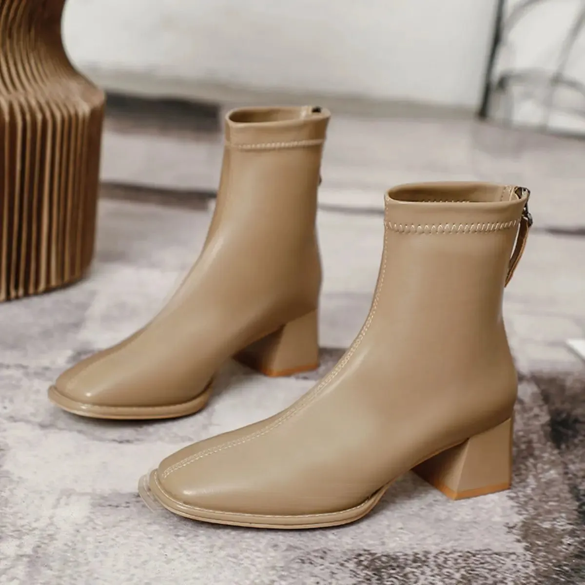 'Thea' Back Zip-Up Block Heel Boots