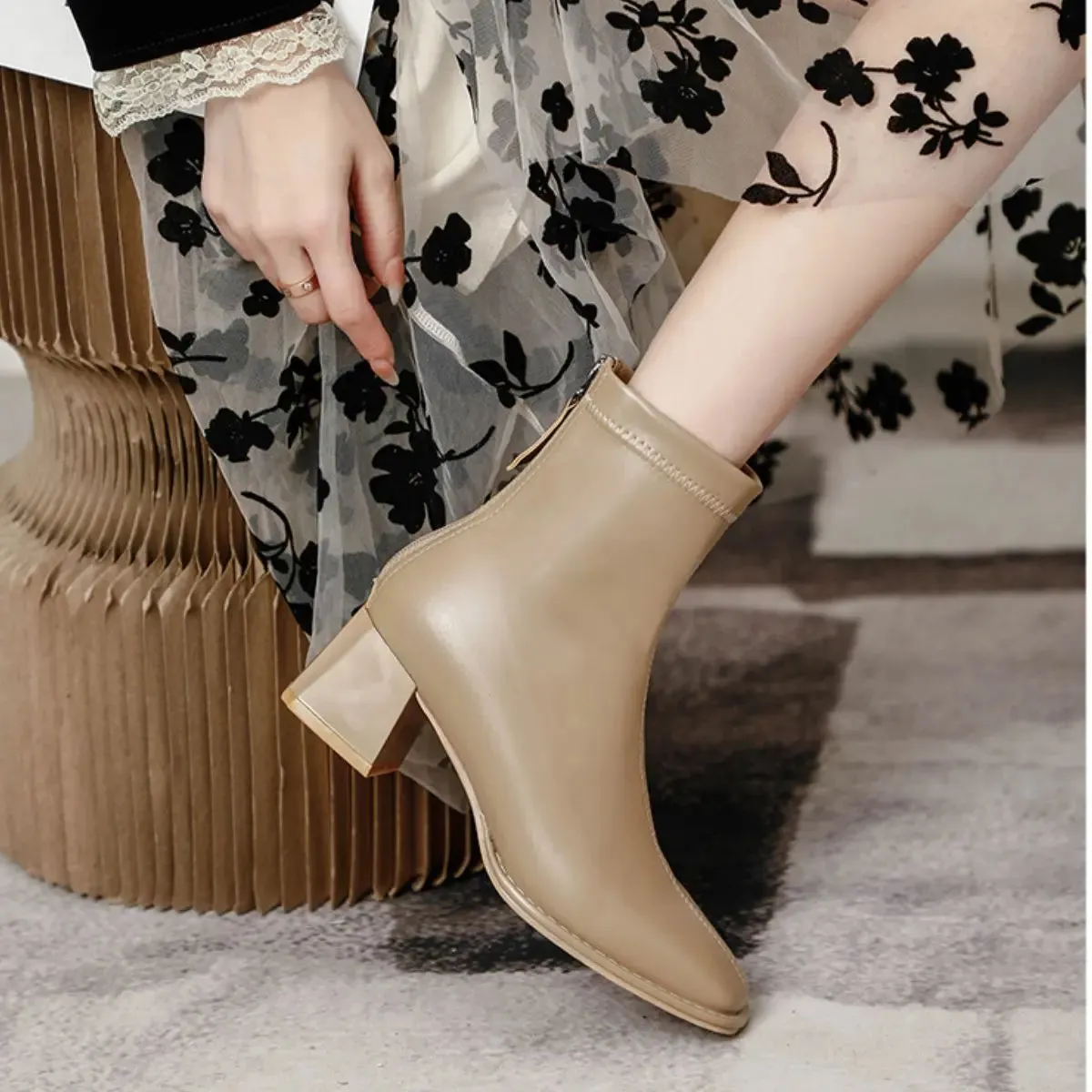 'Thea' Back Zip-Up Block Heel Boots