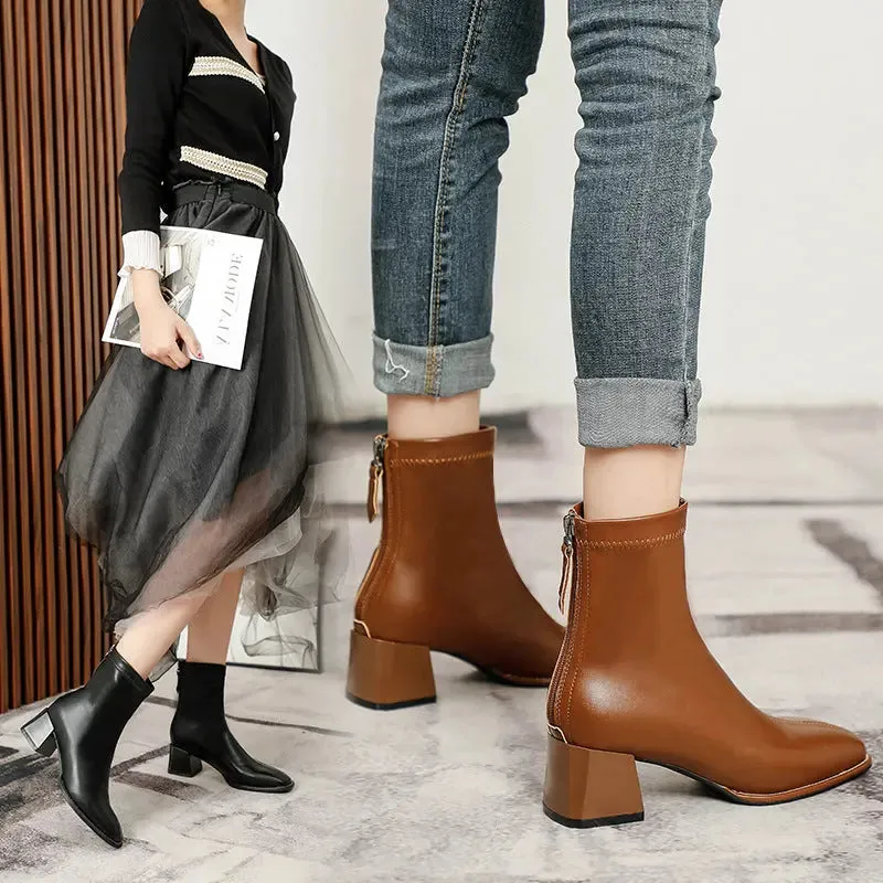 'Thea' Back Zip-Up Block Heel Boots
