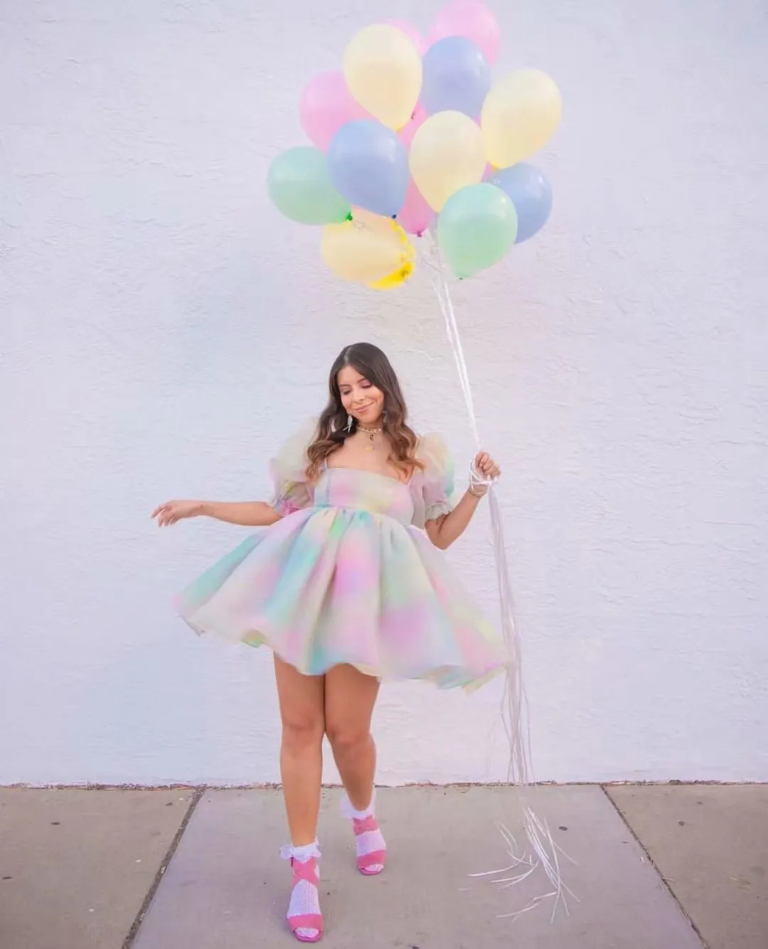 Tie Dye Rainbow Puff Bubble Sleeve Off Shoulder Mini Dresses
