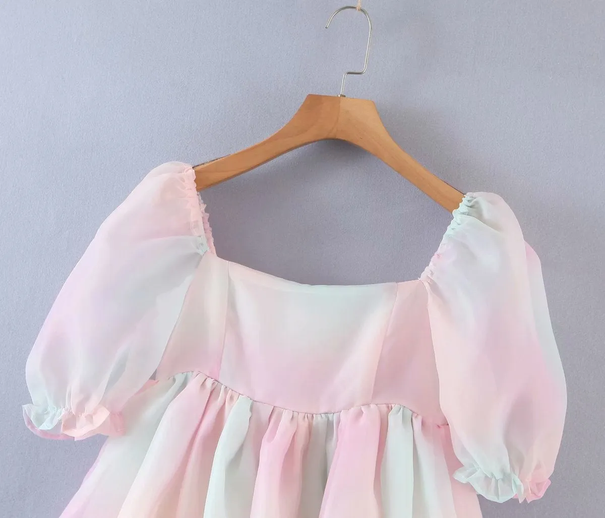 Tie Dye Rainbow Puff Bubble Sleeve Off Shoulder Mini Dresses