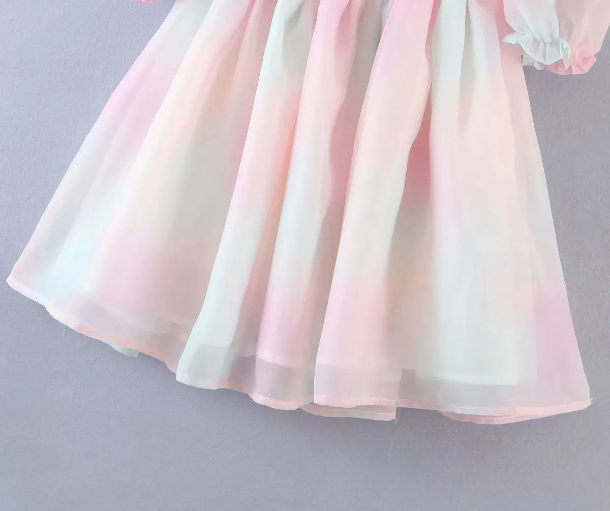 Tie Dye Rainbow Puff Bubble Sleeve Off Shoulder Mini Dresses