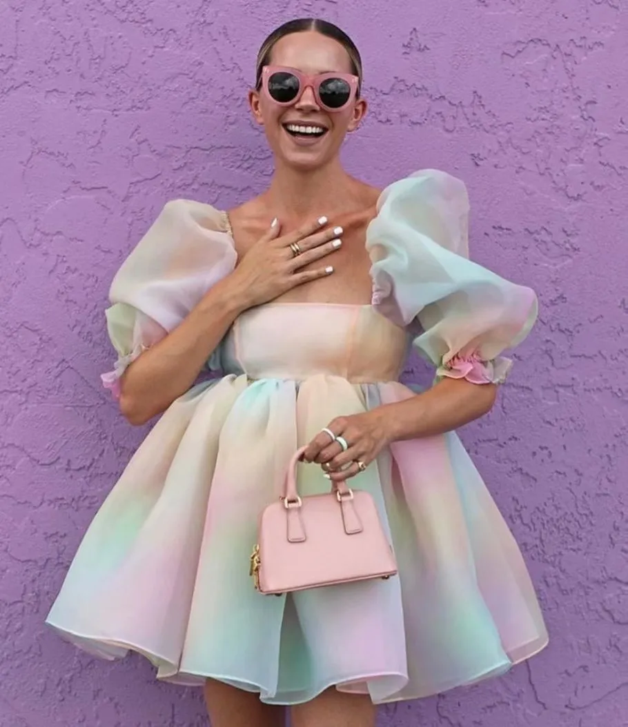 Tie Dye Rainbow Puff Bubble Sleeve Off Shoulder Mini Dresses