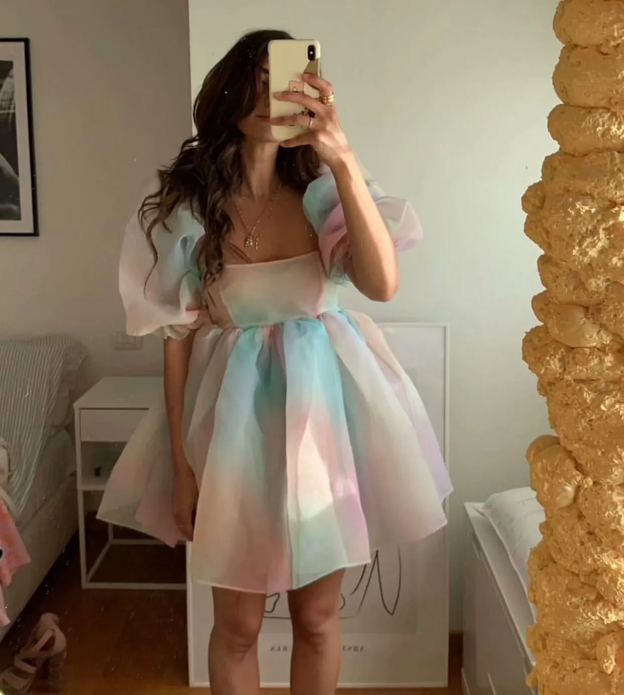 Tie Dye Rainbow Puff Bubble Sleeve Off Shoulder Mini Dresses
