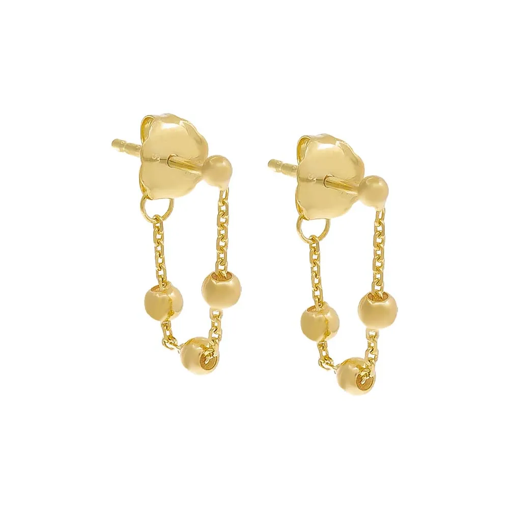 Tiny Ball Stud Chain Front Back Stud Earring 14K
