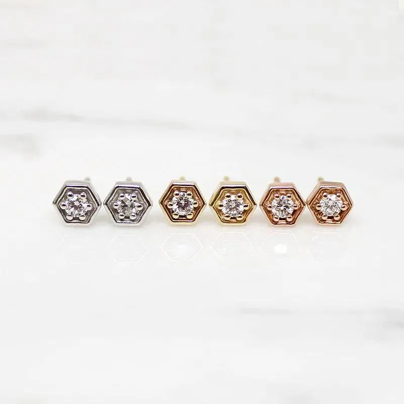 Tiny Diamond Hexagon Studs in Recycled Gold