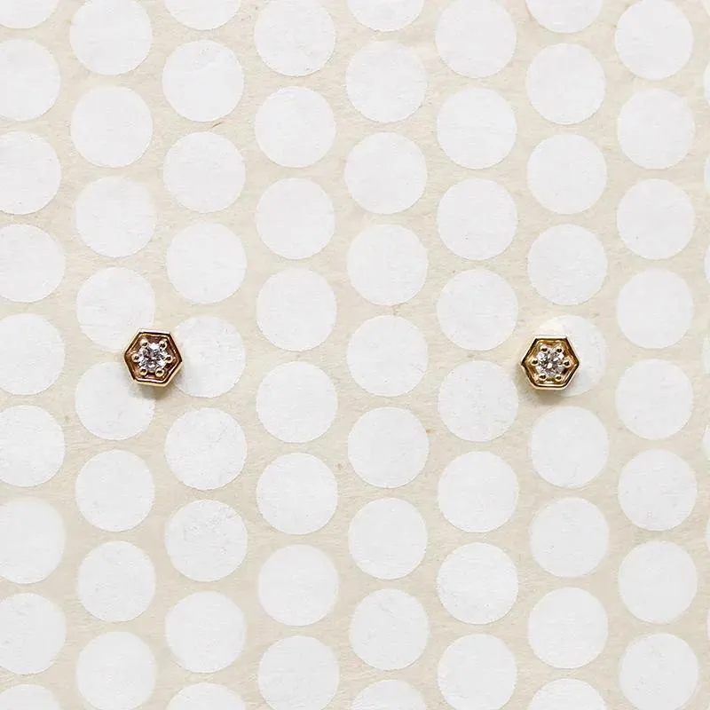 Tiny Diamond Hexagon Studs in Recycled Gold