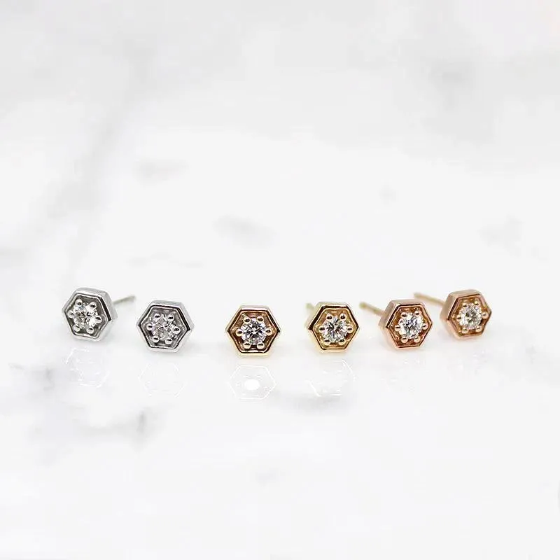 Tiny Diamond Hexagon Studs in Recycled Gold