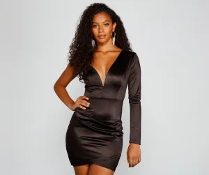 Total Stunner One Charming Shoulder Satin Mini Dress
